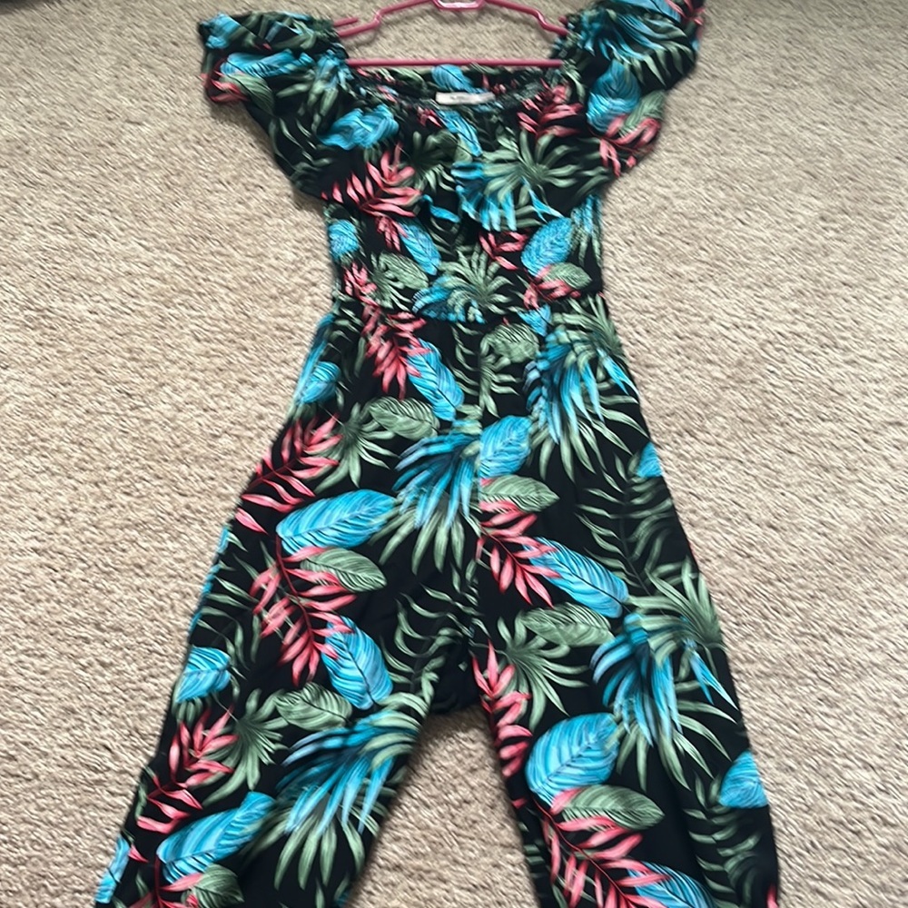 Tropical off the shoulder romper Wide leg